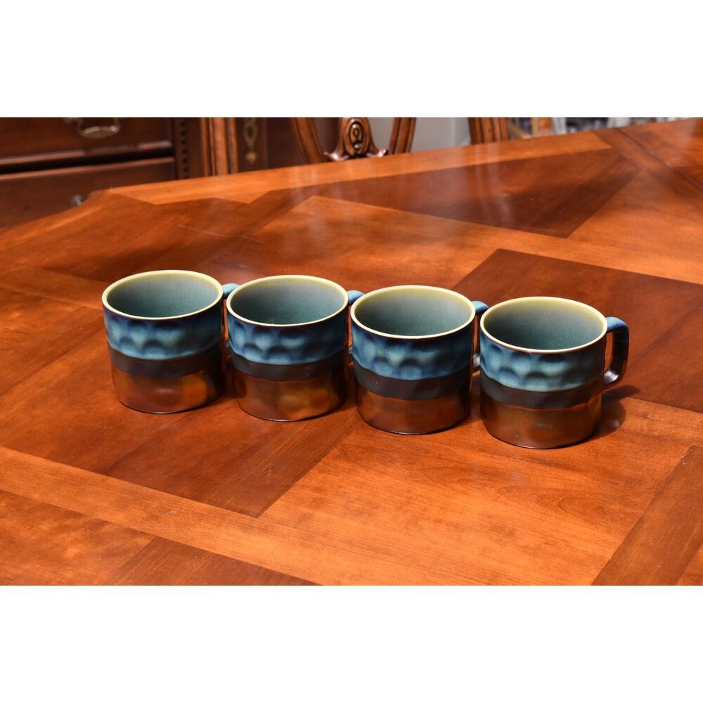 Set of 4 Roscher Stoneware Mugs Teal Blue Copper Reactive Glaze Dimpled En Gres